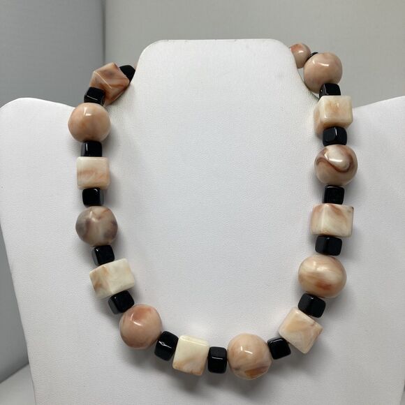 Pauline Rader Chunky Beaded Necklace Choker Style Vintage Earth tones & Black - Picture 1 of 11